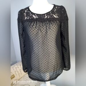 ELLE black sheer sparkly swiss dot blouse with lace detail/size xs